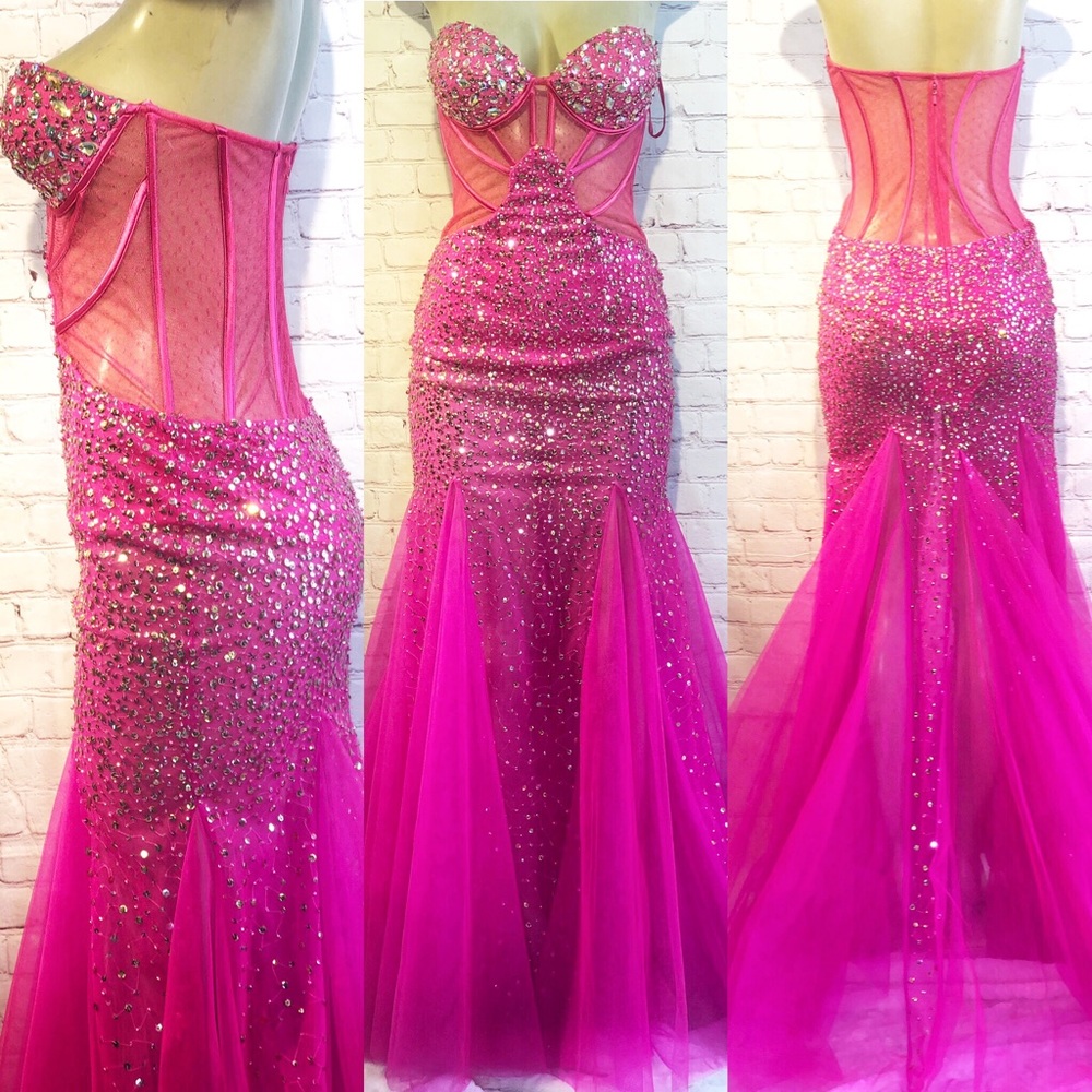 Pink Strapless corset mermaid cut dress w sequins